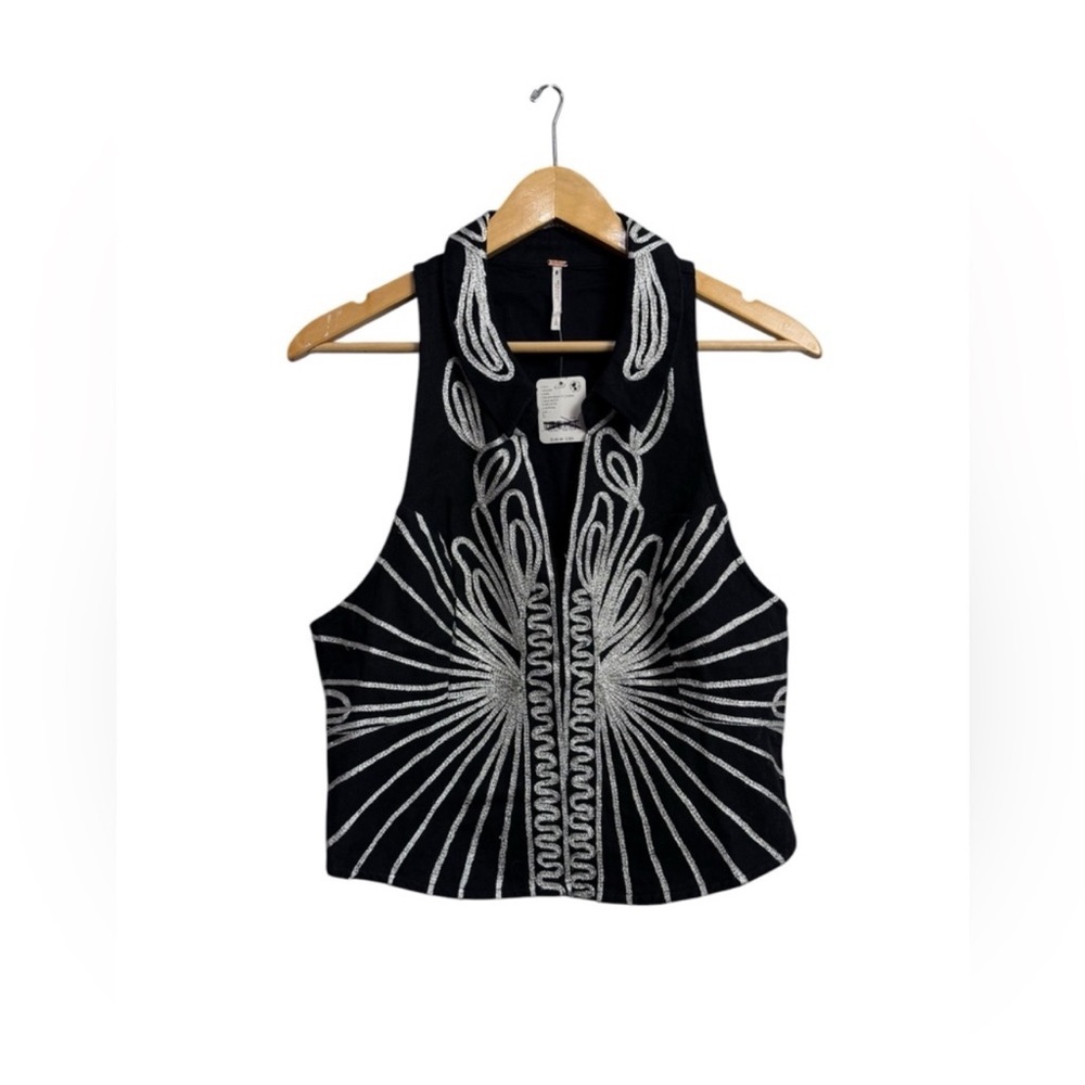 Free People Black Halter Embroidered Camisole with White Detailing - Picture 4 of 7